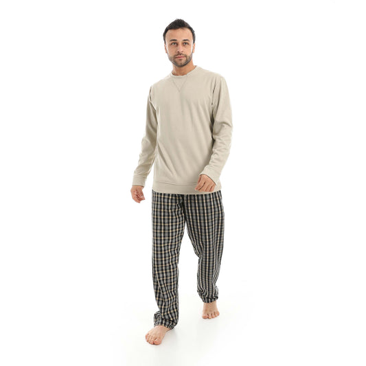 Red Circle Pajama Chamois Round Neck with Gingham Pant Men