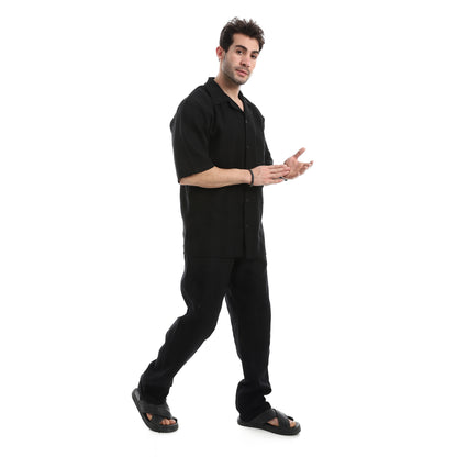 طقم بنطلون كاجوال بأكمام قصيرة وياقة مطوية للأسفل