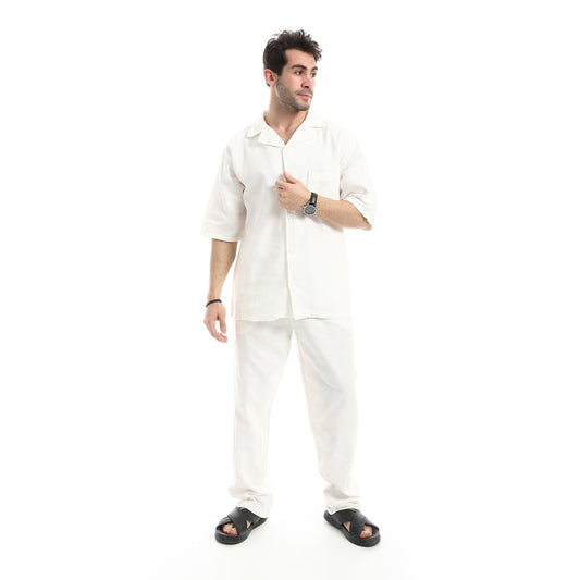 طقم بنطلون كاجوال بأكمام قصيرة وياقة مطوية للأسفل