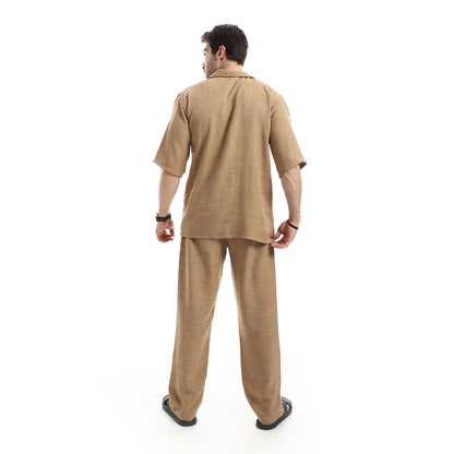 طقم بنطلون كتان بأكمام قصيرة كاجوال