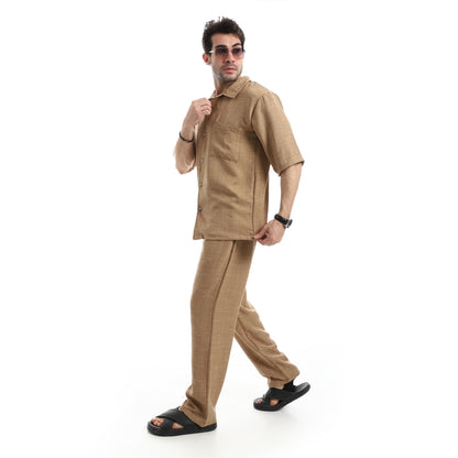 طقم بنطلون كتان بأكمام قصيرة كاجوال