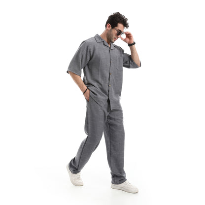 طقم بنطلون كتان بأكمام قصيرة كاجوال