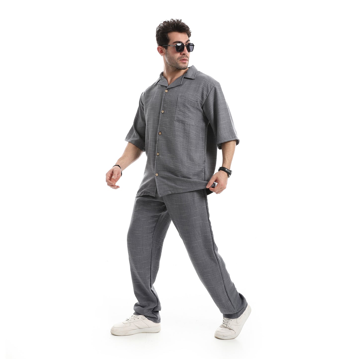 طقم بنطلون كتان بأكمام قصيرة كاجوال