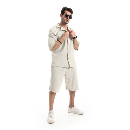 طقم شورت مريح بياقة مطوية وجيوب مائلة