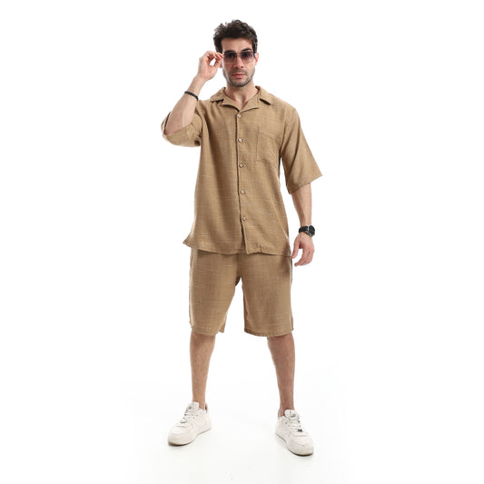 طقم شورت قصير كتان بأكمام قصيرة هيذر