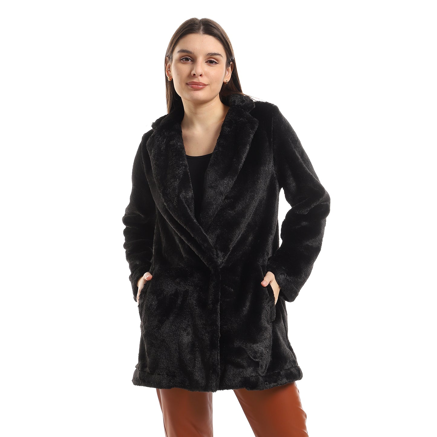 Notched Lapel Fur Short Coat - Black
