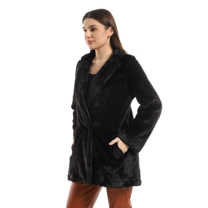 Notched Lapel Fur Short Coat - Black