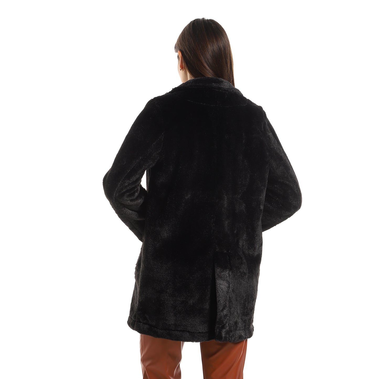 Notched Lapel Fur Short Coat - Black