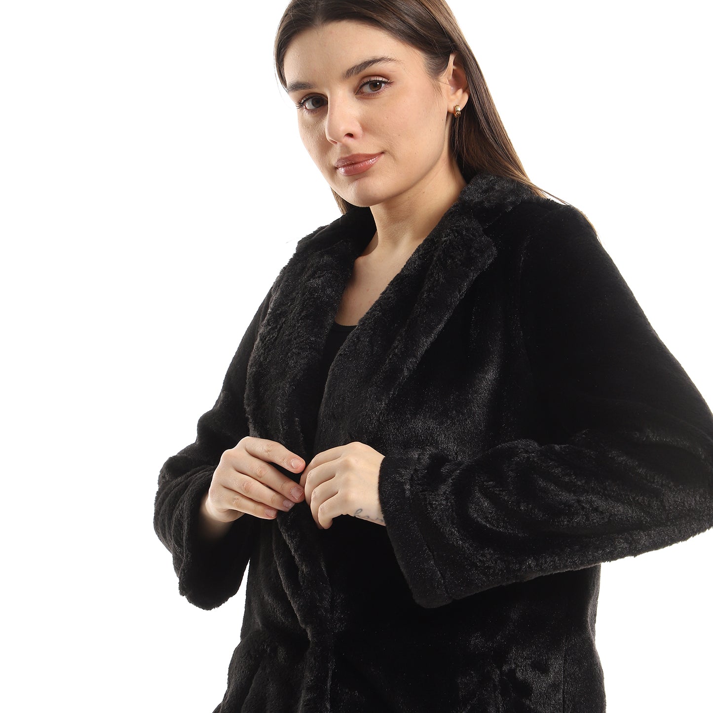 Notched Lapel Fur Short Coat - Black