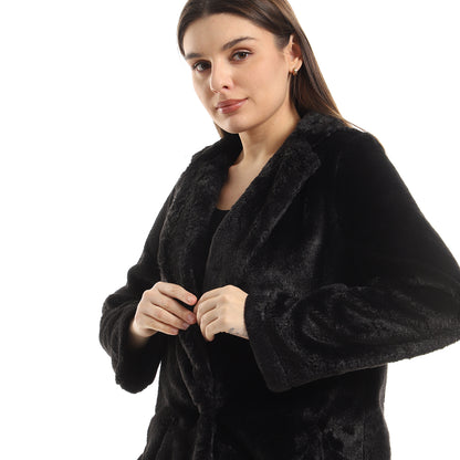 Notched Lapel Fur Short Coat - Black