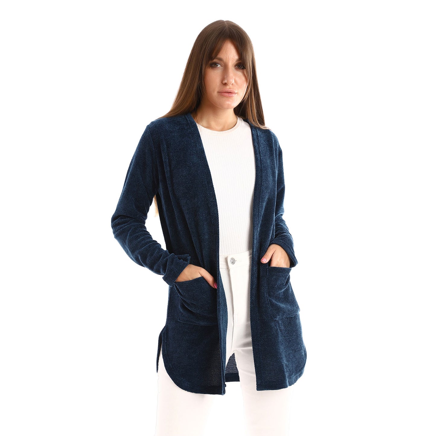 Velour Knitted Long Cardigan With Side Pockets