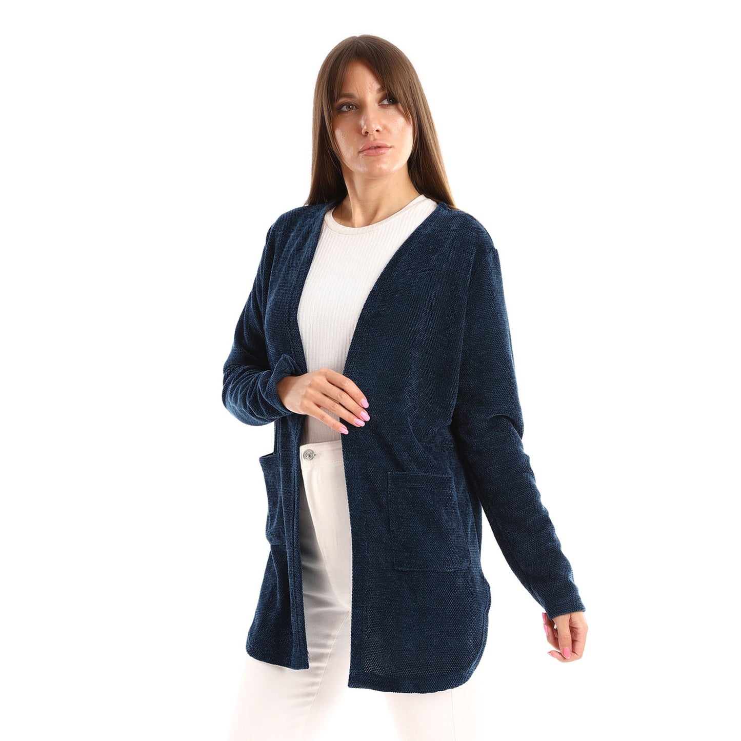 Velour Knitted Long Cardigan With Side Pockets