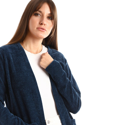 Velour Knitted Long Cardigan With Side Pockets