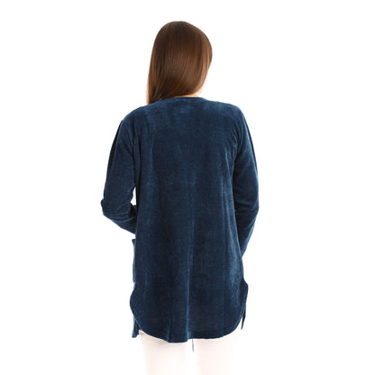 Velour Knitted Long Cardigan With Side Pockets