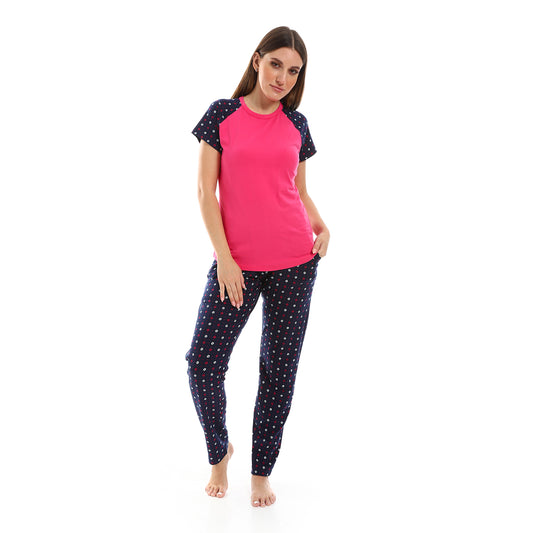 Self Pattern Round Neck Short Sleeves Pajama Set