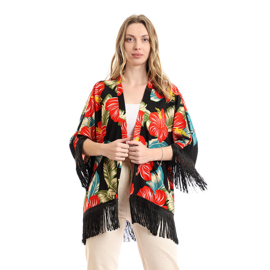 Colorful Tropical Floral Kimono With Fringes