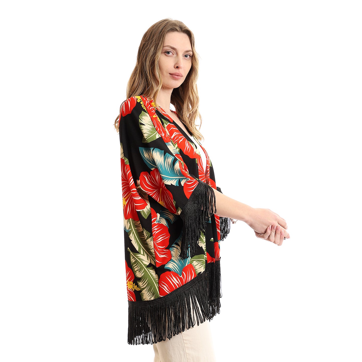 Colorful Tropical Floral Kimono With Fringes