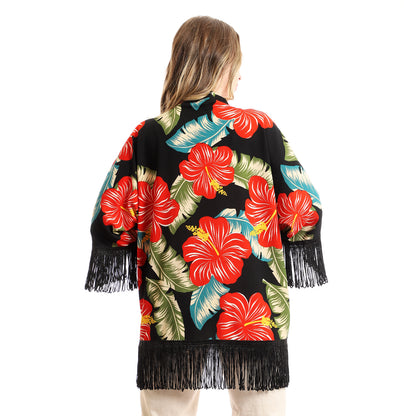 Colorful Tropical Floral Kimono With Fringes