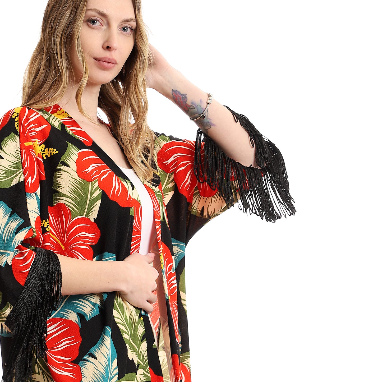 Colorful Tropical Floral Kimono With Fringes