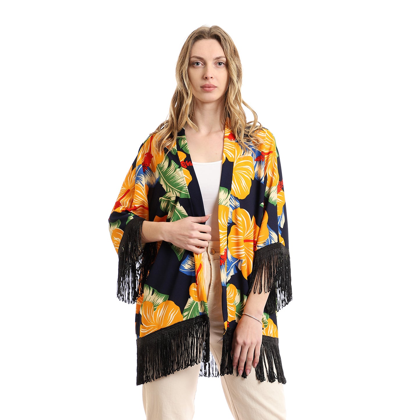 Colorful Tropical Floral Kimono With Fringes