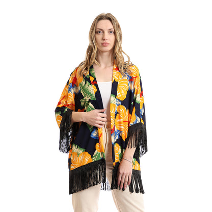 Colorful Tropical Floral Kimono With Fringes