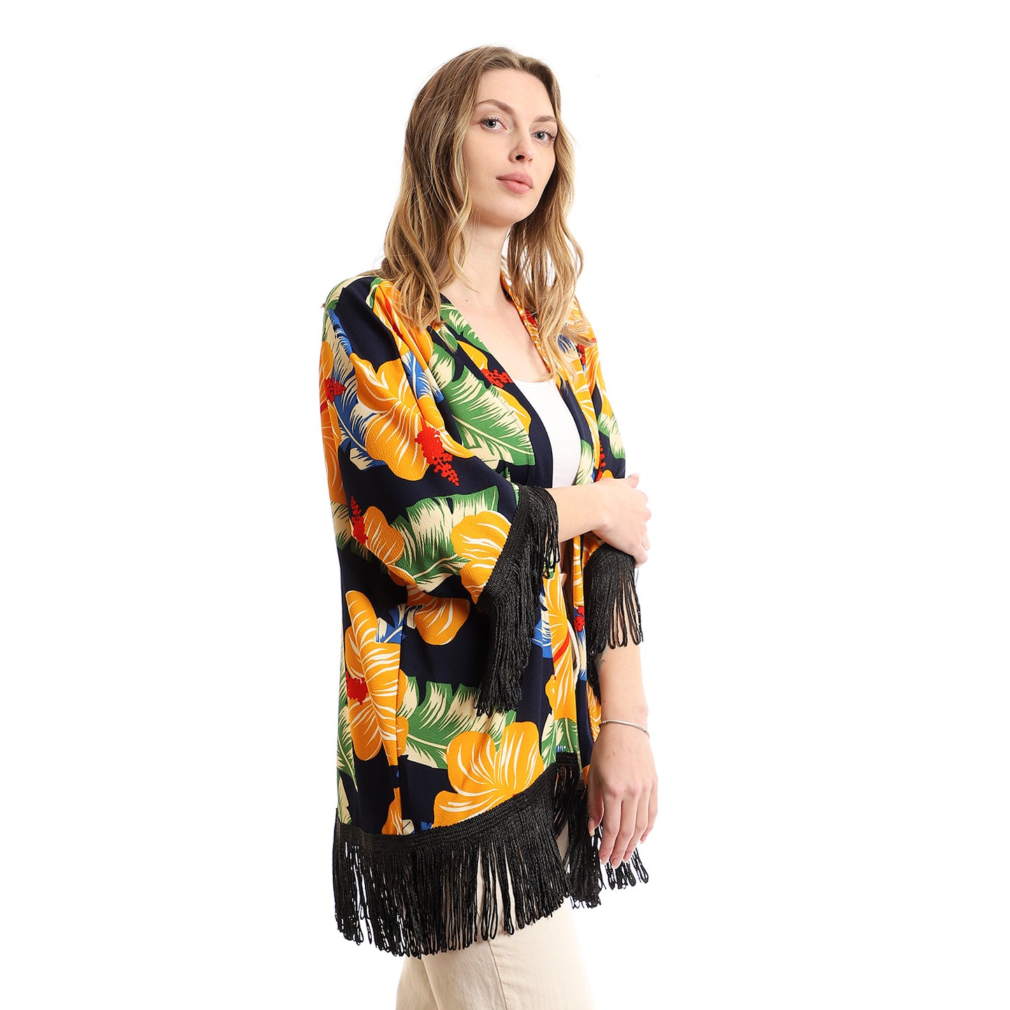 Colorful Tropical Floral Kimono With Fringes