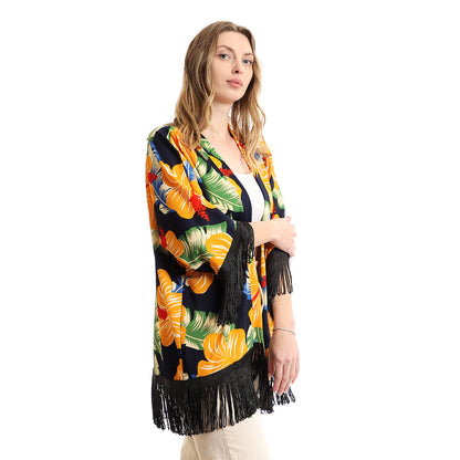 Colorful Tropical Floral Kimono With Fringes