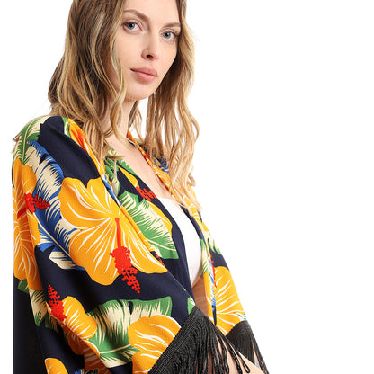 Colorful Tropical Floral Kimono With Fringes
