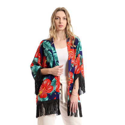 Colorful Tropical Floral Kimono With Fringes