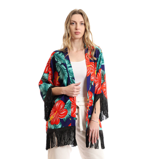 Colorful Tropical Floral Kimono With Fringes