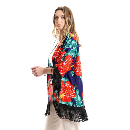 Colorful Tropical Floral Kimono With Fringes
