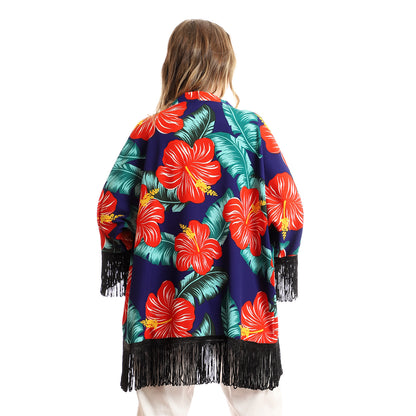 Colorful Tropical Floral Kimono With Fringes