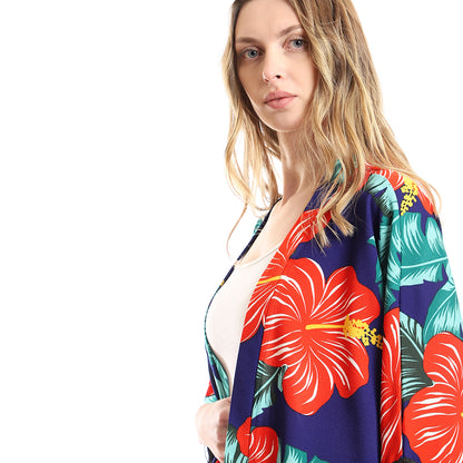 Colorful Tropical Floral Kimono With Fringes
