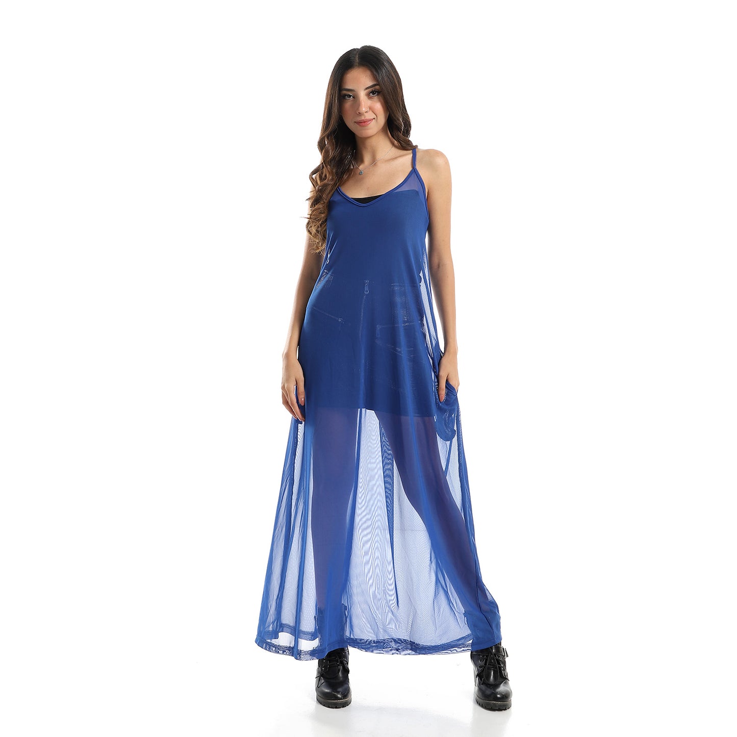 Transparent Wide Round Neck Cover-Up Dress - Royal Blue
