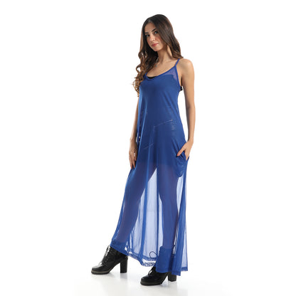 Transparent Wide Round Neck Cover-Up Dress - Royal Blue