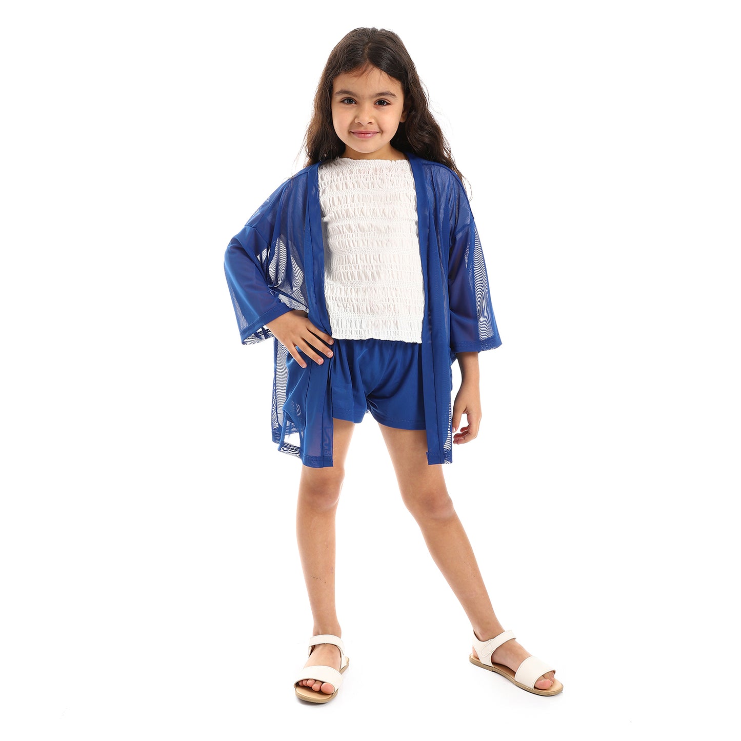 kady Open Neckline Pique Pattern 3/4 Sleeves Cardigan With Front Pocket Girls