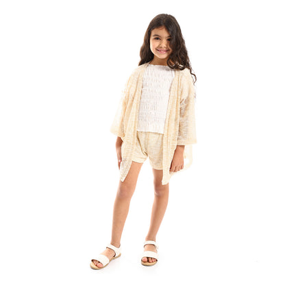 kady 3/4 Sleeves Knitted Pattern Open Neckline Girls Cardigan