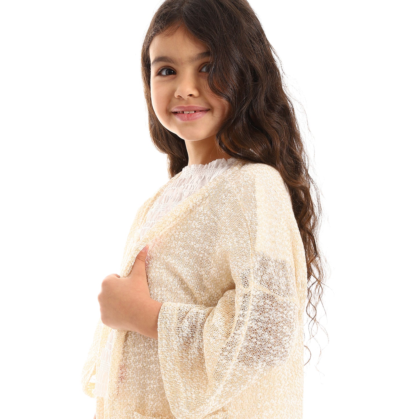 kady 3/4 Sleeves Knitted Pattern Open Neckline Girls Cardigan