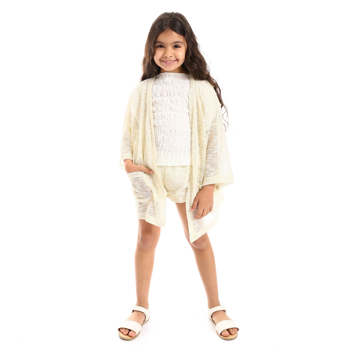 kady 3/4 Sleeves Knitted Pattern Open Neckline Girls Cardigan