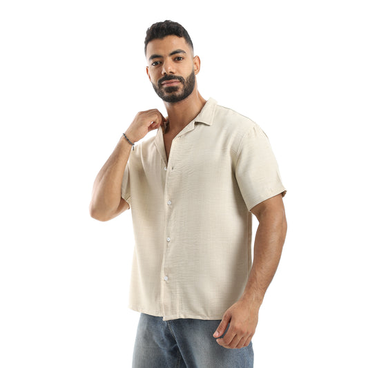 Half Sleeves Turned Down Collar Plain Button Closure Shirt