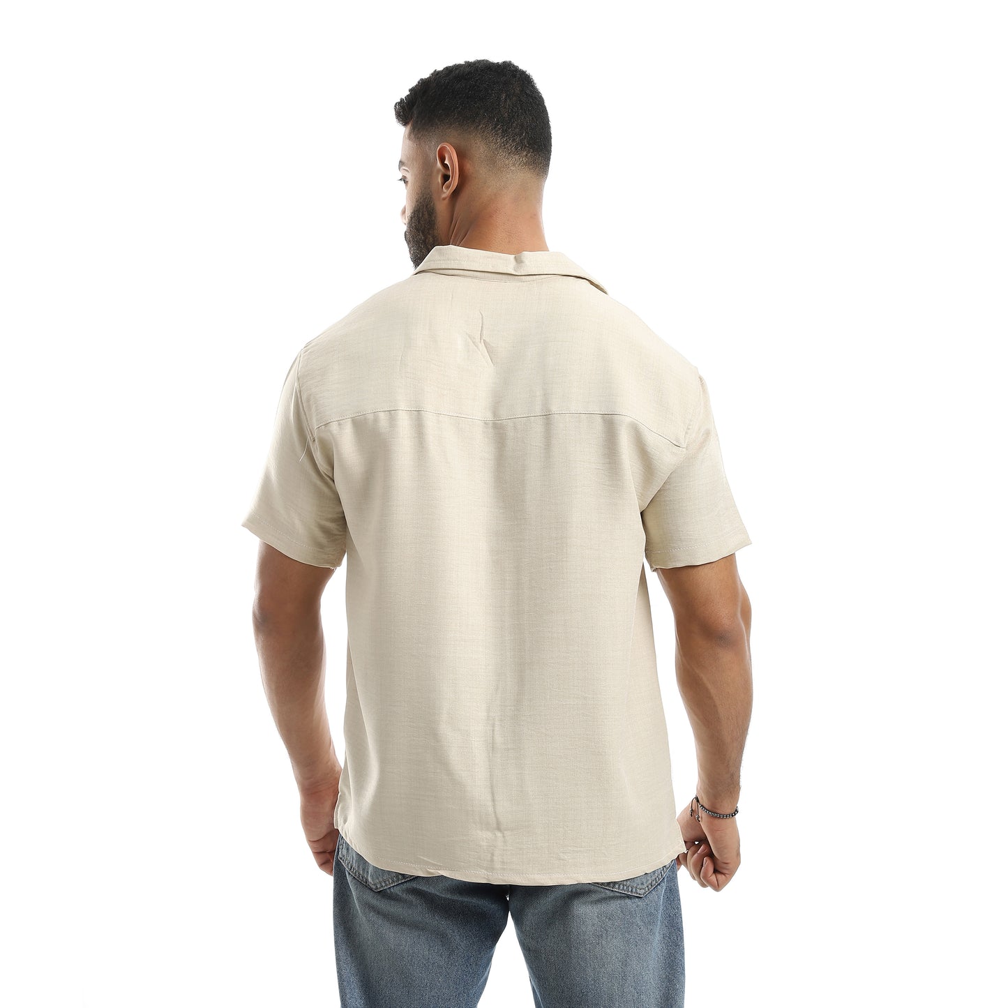 Half Sleeves Turned Down Collar Plain Button Closure Shirt