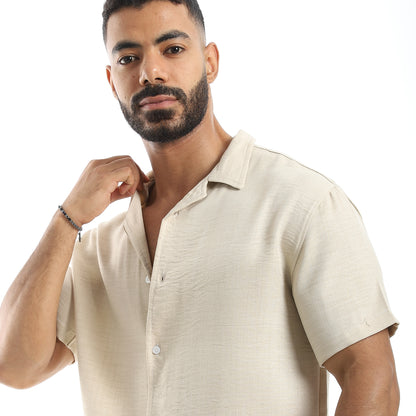 Half Sleeves Turned Down Collar Plain Button Closure Shirt