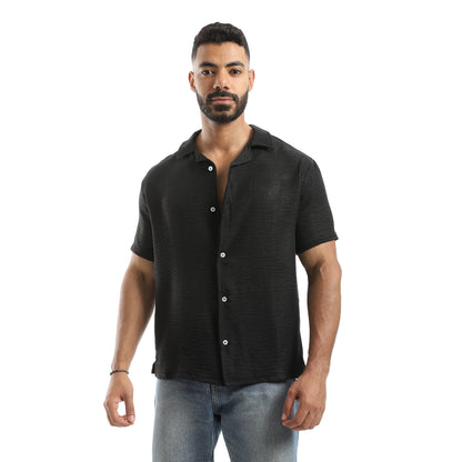 Half Sleeves Turned Down Collar Plain Button Closure Shirt