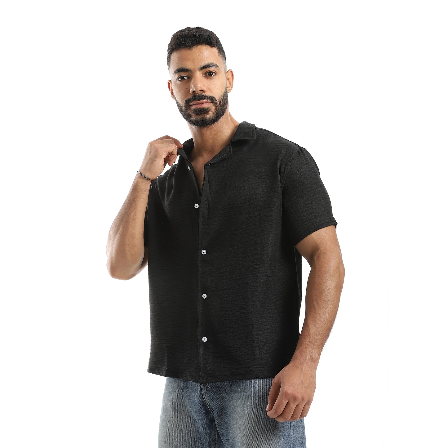 Half Sleeves Turned Down Collar Plain Button Closure Shirt