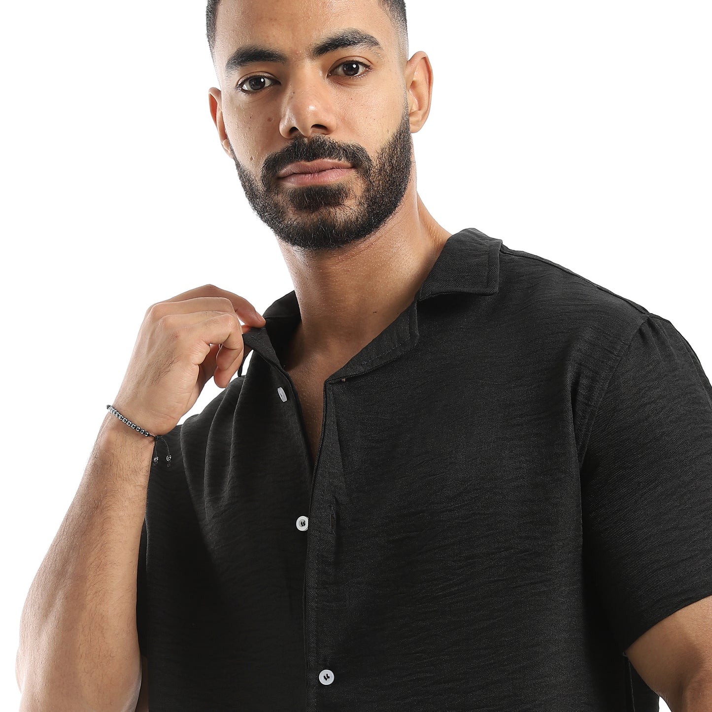 Half Sleeves Turned Down Collar Plain Button Closure Shirt