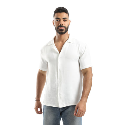 Half Sleeves Turned Down Collar Plain Button Closure Shirt