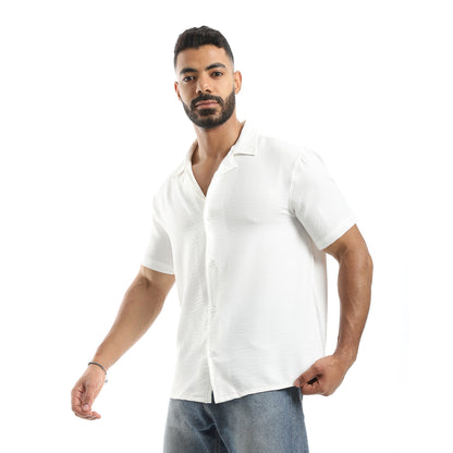 Half Sleeves Turned Down Collar Plain Button Closure Shirt