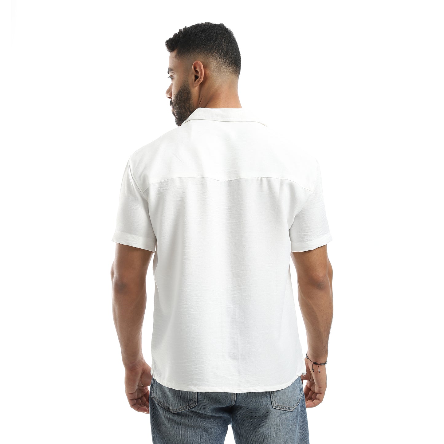 Half Sleeves Turned Down Collar Plain Button Closure Shirt