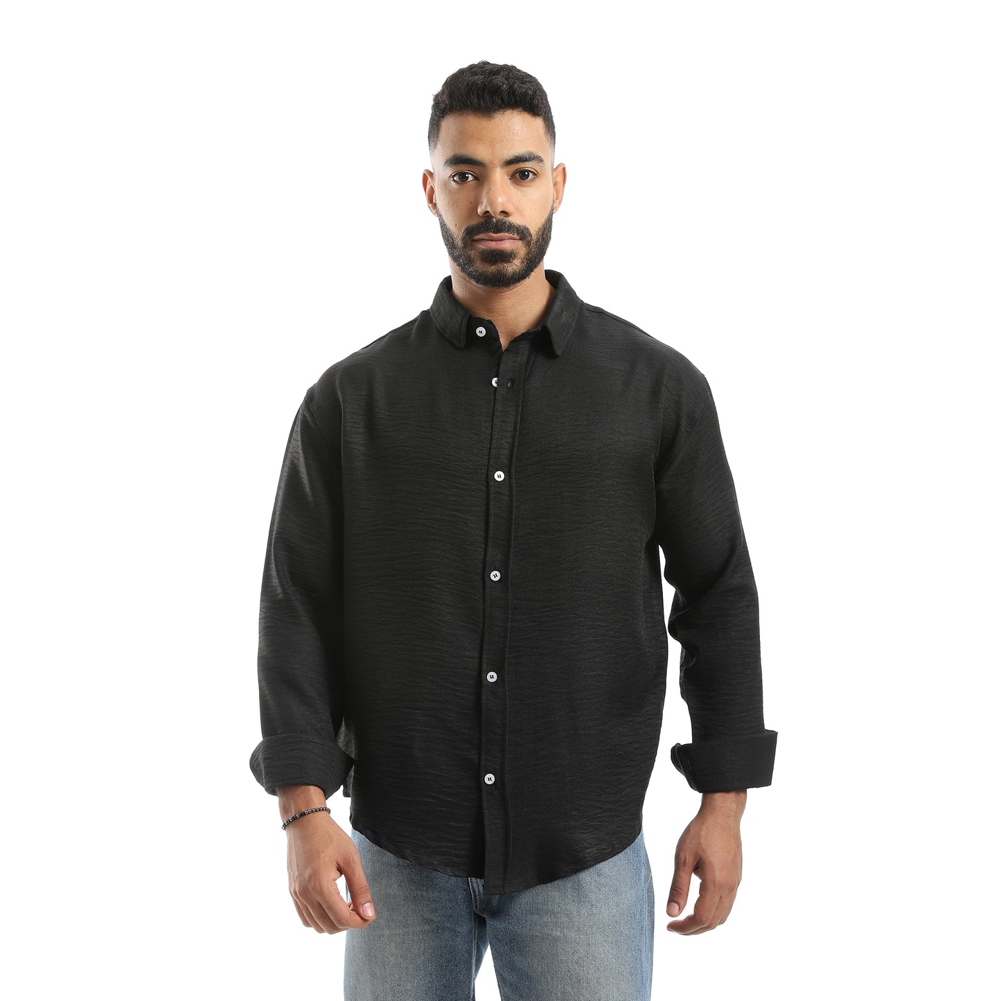 Long Sleeves Turned Down Collar Plain Button Closure Shirt