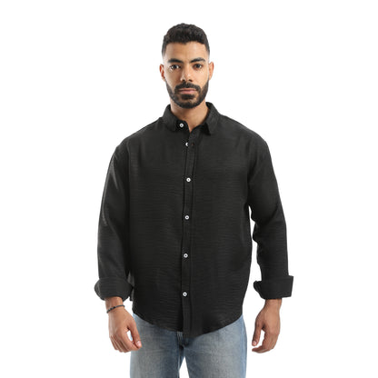 Long Sleeves Turned Down Collar Plain Button Closure Shirt